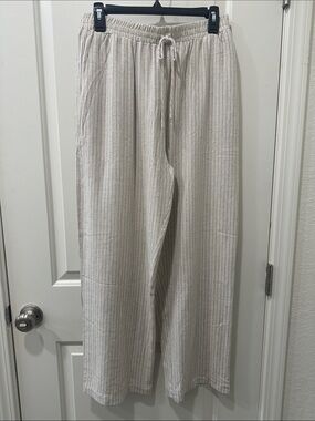may Design Wide Leg Cream Pinstripe Pants with Drawstring